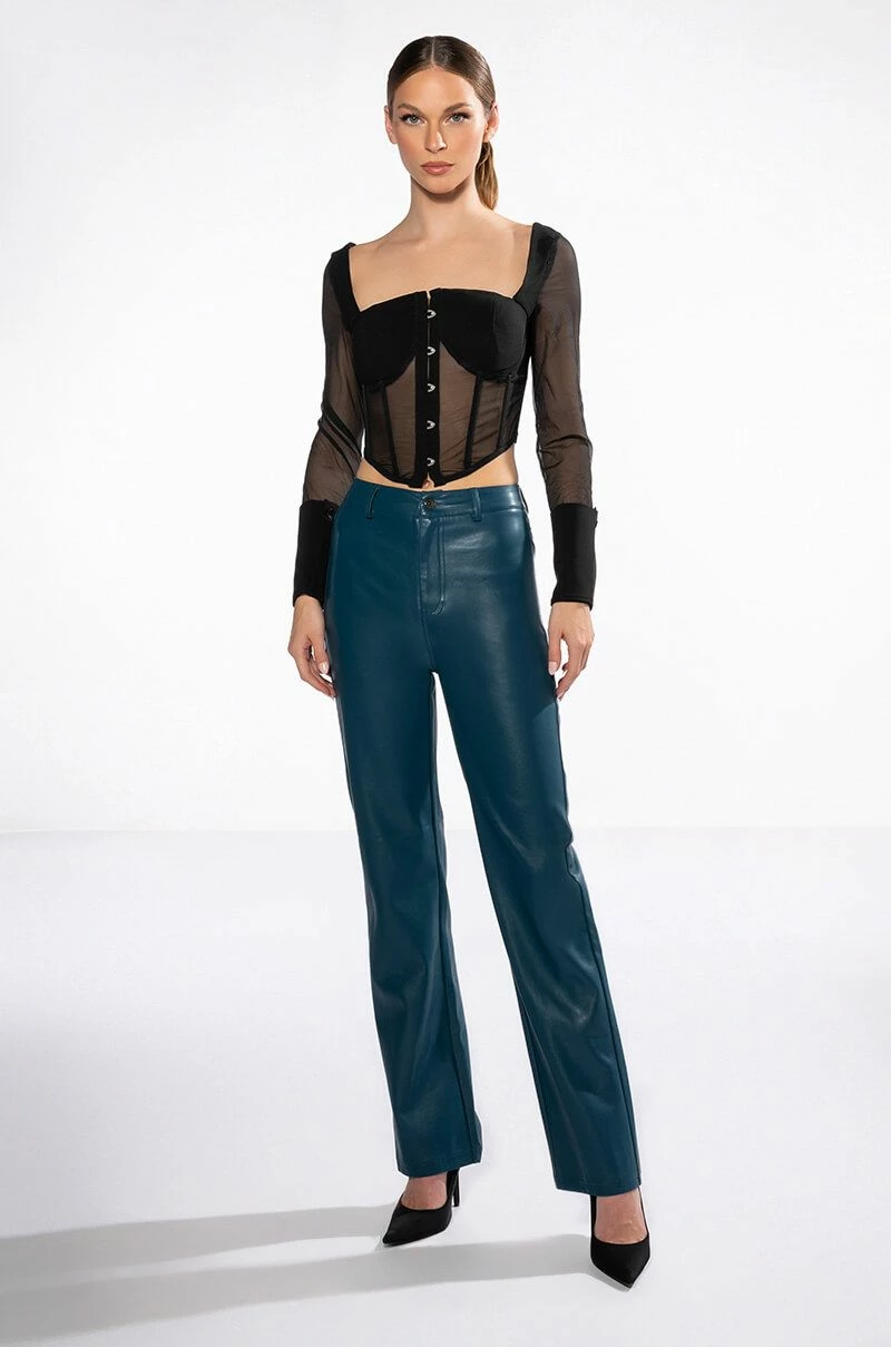 TE QUIERO HIGH RISE VEGAN LEATHER STRAIGHT LEG PANTS IN TEAL 7 TE QUIERO HIGH RISE VEGAN LEATHER STRAIGHT LEG PANTS IN TEAL - Image 7