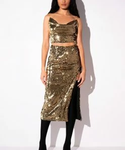 THANK THE ACADEMY HIGH SLIT MAXI SKIRT -FINESSE-shop thank the academy high slit maxi skirt gold 7 7