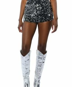 THE BEST ME SEQUIN SHORTS -FINESSE-shop the best me sequin shorts black silver 5 5