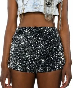 THE BEST ME SEQUIN SHORTS -FINESSE-shop the best me sequin shorts black silver 7 7
