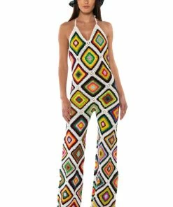 THE WAY YOU GROOVE CROCHET HALTER JUMPSUIT IN WHITE MULTI