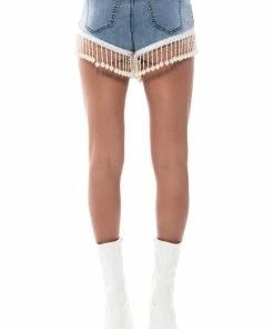 THE WORLD IS YOUR OYSTER PEARL TRIM DENIM SHORTS -FINESSE-shop the world is your oyster pearl trim denim shorts medium blue denim 6 6