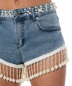 THE WORLD IS YOUR OYSTER PEARL TRIM DENIM SHORTS -FINESSE-shop the world is your oyster pearl trim denim shorts medium blue denim 7 7