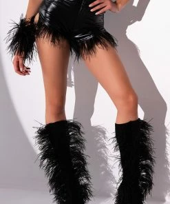 TOO COCKY FEATHER TRIM FAUX LEATHER SHORTS