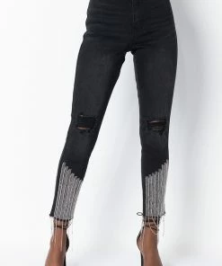 TOO GOOD HIGH WAISTED RHINESTONE FRINGE SKINNY JEANS