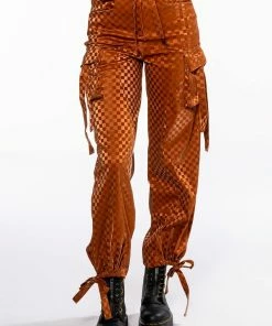 UNCOVERING YOUR TRACKS CHECKERED PU CARGO PANTS 11 UNCOVERING YOUR TRACKS CHECKERED PU CARGO PANTS -FINESSE-shop uncovering your tracks cargo pants rust 4 4