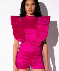 VALENTINA TAFFETA RUFFLE SLEEVE ROMPER -FINESSE-shop valentina taffeta ruffle sleeve romper pink 4 4