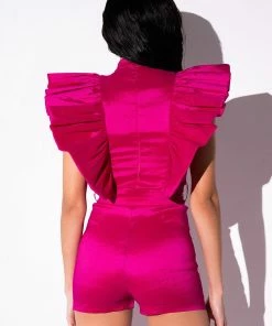 VALENTINA TAFFETA RUFFLE SLEEVE ROMPER -FINESSE-shop valentina taffeta ruffle sleeve romper pink 6 6