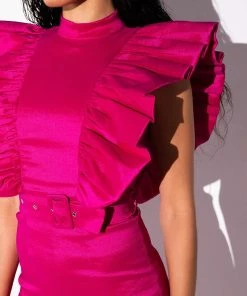 VALENTINA TAFFETA RUFFLE SLEEVE ROMPER -FINESSE-shop valentina taffeta ruffle sleeve romper pink 7 7