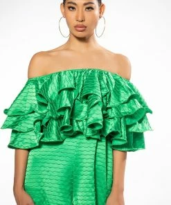 WEEKEND OFF THE SHOULDER RUFFLE ROMPER