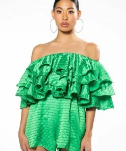 WEEKEND OFF THE SHOULDER RUFFLE ROMPER -FINESSE-shop weekend off the shoulder ruffle romper green 3 3
