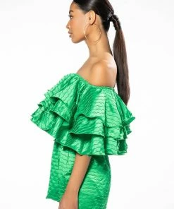 WEEKEND OFF THE SHOULDER RUFFLE ROMPER -FINESSE-shop weekend off the shoulder ruffle romper green 4 4