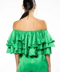 WEEKEND OFF THE SHOULDER RUFFLE ROMPER -FINESSE-shop weekend off the shoulder ruffle romper green 5 5