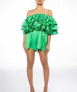 WEEKEND OFF THE SHOULDER RUFFLE ROMPER -FINESSE-shop weekend off the shoulder ruffle romper green 7 7